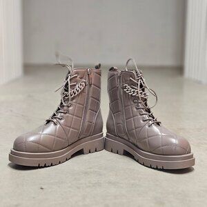 Quilted Faux Leather Lace-Up Combat Boots With Chain Accent Taupe Color